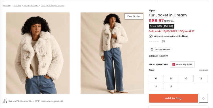 Myer: Piper Fur Jacket in Cream – Was $149.95, now $89.97